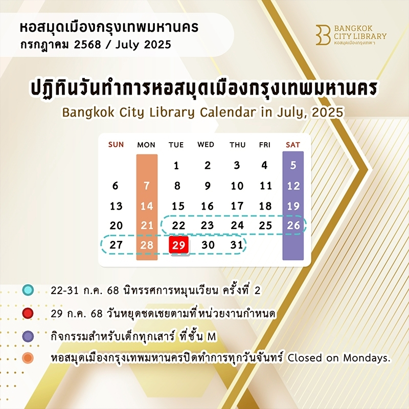 ปฏิทินวันทำการหอสมุดเมืองกรุงเทพมหานคร เดือน ก.ค. 2568