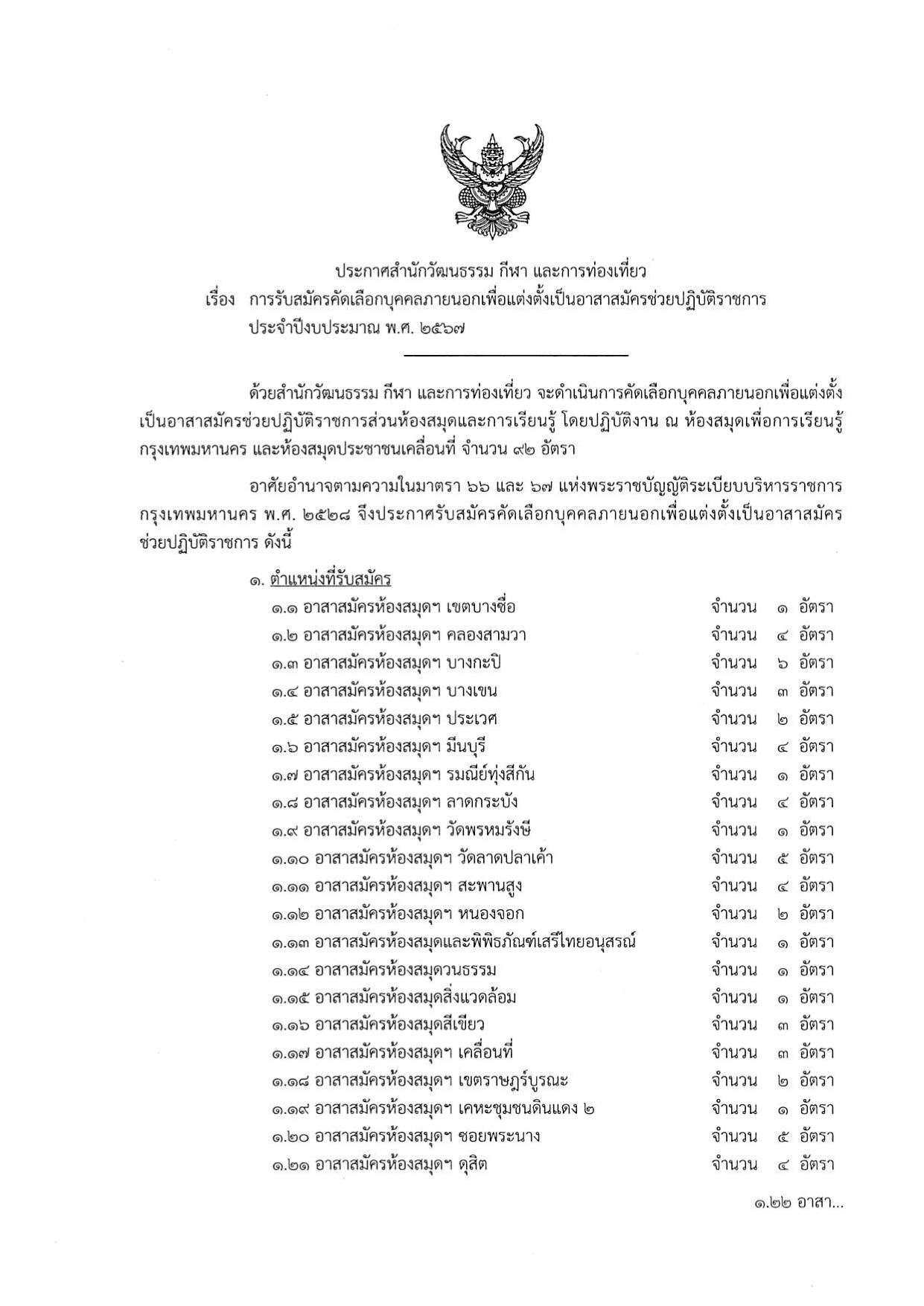 ประกาศสำนักวัฒนธรรม กีฬา และการท่องเที่ยว เรื่อง การรับสมัครคัดเลือกบุคคลภายนอกเพื่อแต่งตั้งเป็นอาสาสมัครช่วยปฏิบัติราชการ ประจำปีงบประมาณ พ.ศ. ๒๕๖๗