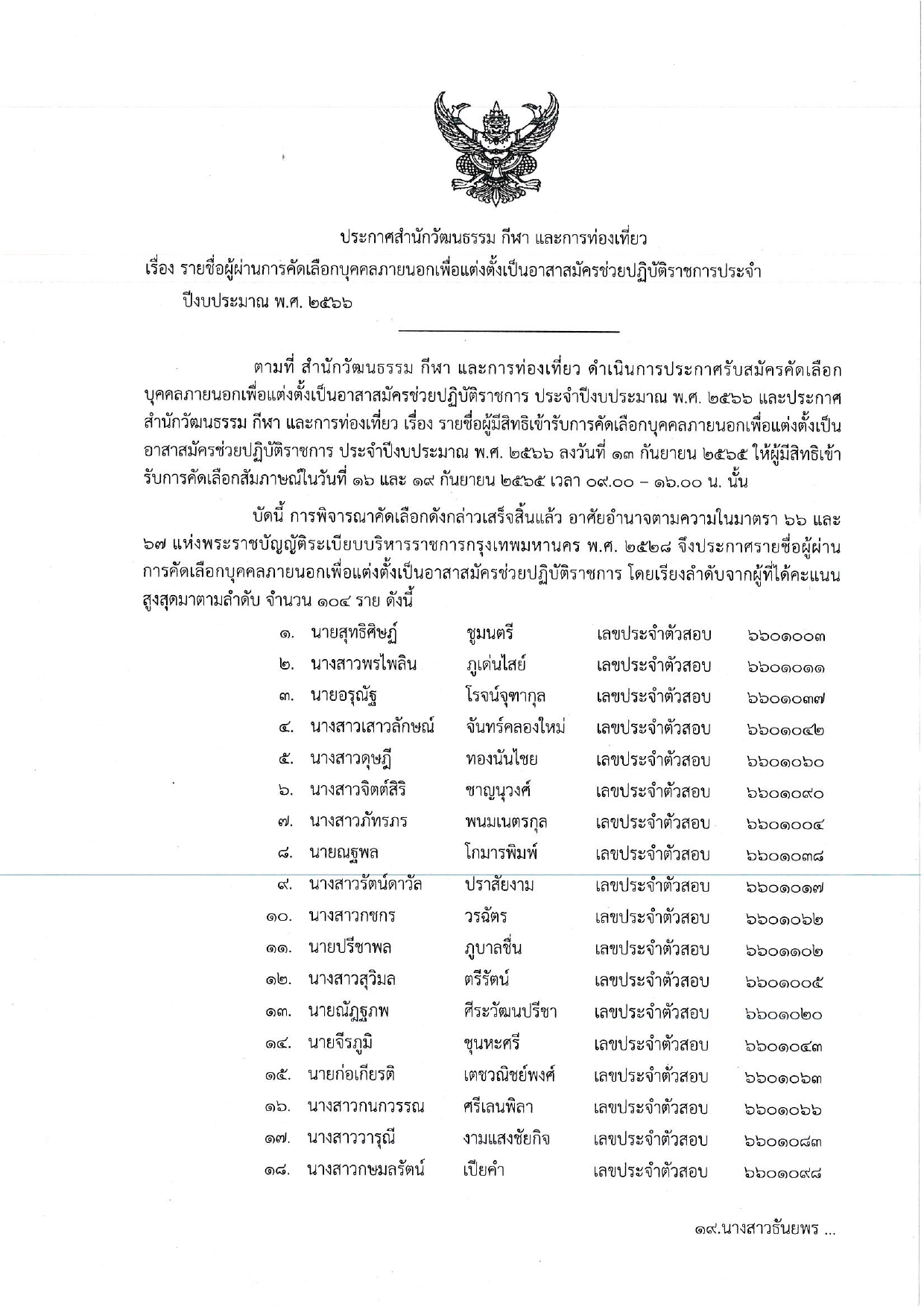 รายชื่อผู้ผ่านการคัดเลือกบุคคลภายนอกเพื่อแต่งตั้งเป็นอาสาสมัครช่วยปฏิบัติราชการประจำปีงบประมาณ พ.ศ.2566