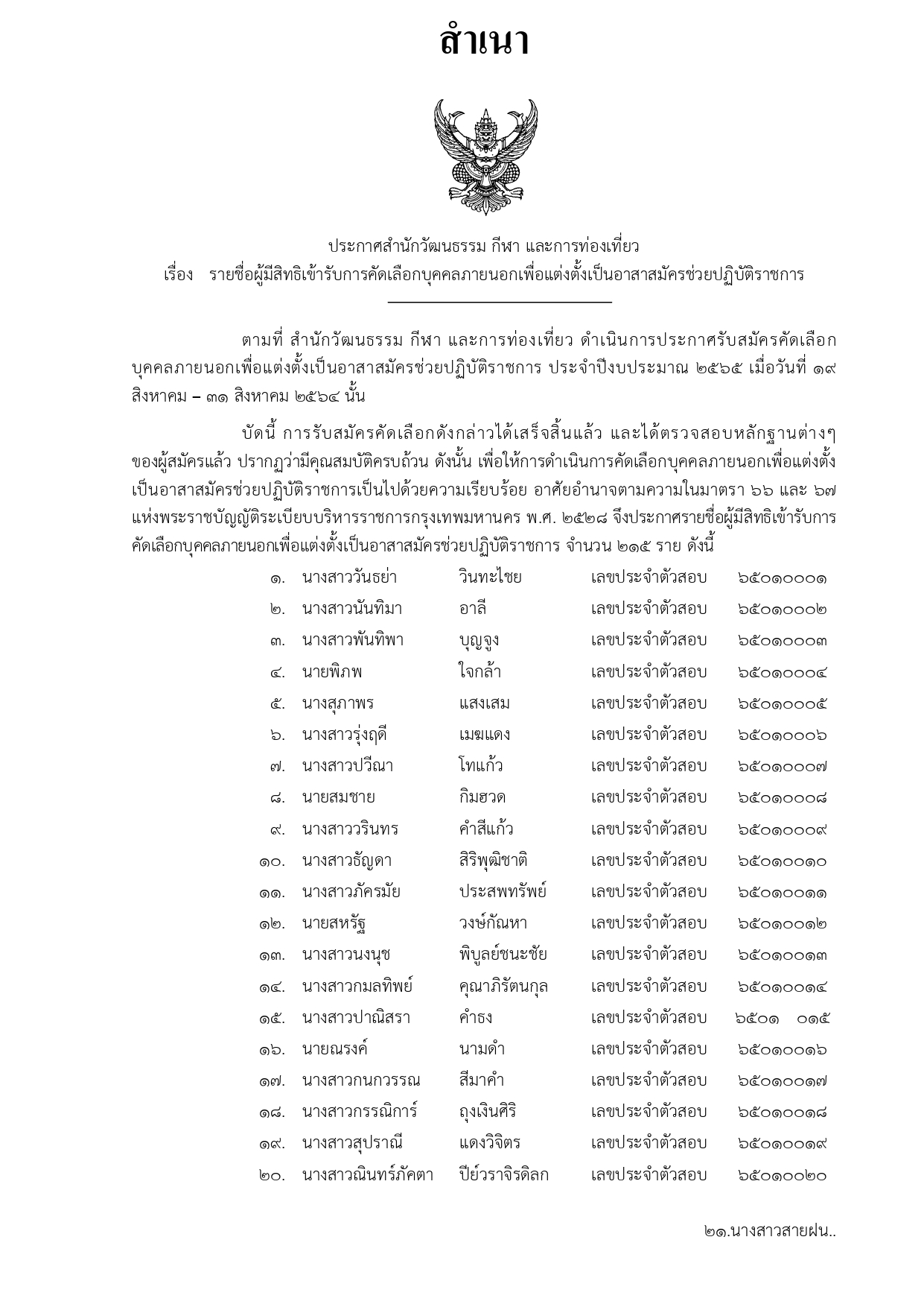 ประกาศรายชื่อผู้มีสิทธิเข้ารับการคัดเลือกบุคคลภายนอกเพื่อแต่งตั้งเป็นอาสาสมัครช่วยปฏิบัติราชการ ประจำปีงบประมาณ 2565