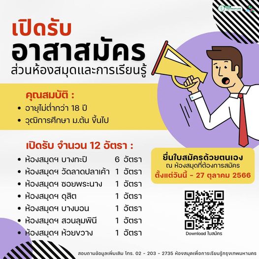 ประกาศเปิดรับสมัครอาสาสมัครส่วนห้องสมุดและการเรียนรู้ จำนวน 12 อัตรา