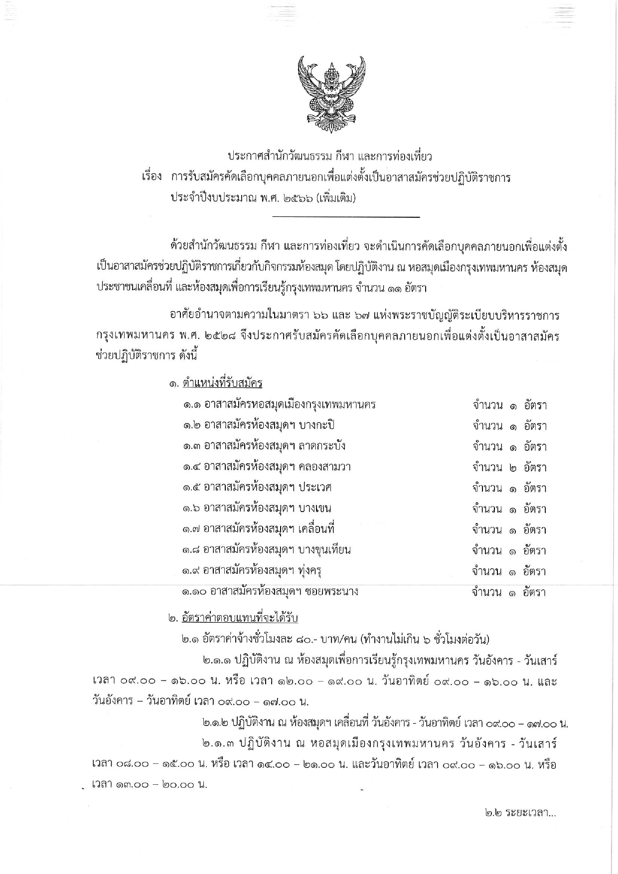 ประกาศ รับสมัครงานอาสาสมัครส่วนห้องสมุดฯ กทม. 