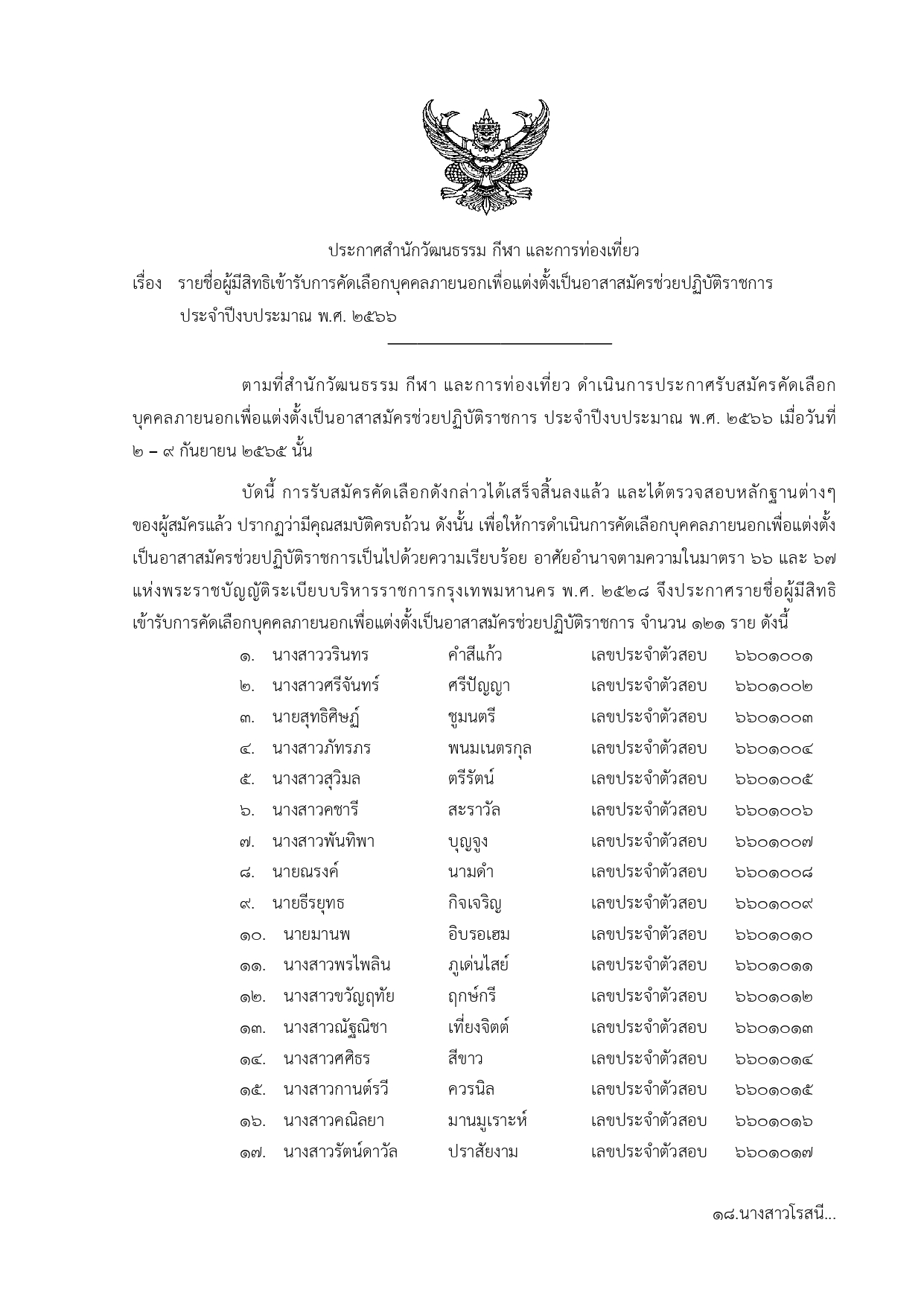 ประกาศ รายชื่อผู้มีสิทธิเข้ารับการคัดเลือกบุคคลภายนอก เพื่อแต่งตั้งเป็นอาสาสมัครช่วยปฏิบัติราชการ ประจำปี 2566 ทั้งนี้ให้ผู้มีสิทธิเข้ารับการคัดเลือกมารายงานตัวและเข้ารับการสอบสัมภาษณ์ในวันและเวลาดังกล่าว 