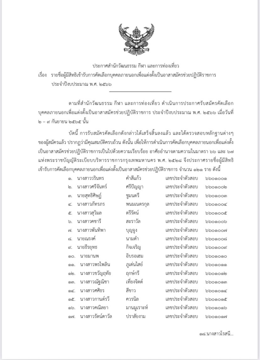  ประกาศรายชื่อผู้มีสิทธิคัดเลือกเข้ารับเป็นอาสาสมัครช่วยปฎิบัติราชการฯ ปี 2566